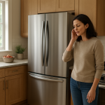 Modern stainless refrigerator standing in bright kitchen as person listens