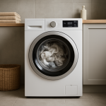 Front-loading washing machine mid-spin, clothes unevenly gathered to one side.