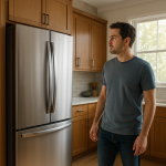 Modern refrigerator in kitchen, person pausing nearby hearing brief startup hum