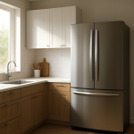 Modern silver refrigerator in bright kitchen pausing between cycles