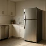 Modern refrigerator slightly tilted on uneven tile floor in kitchen