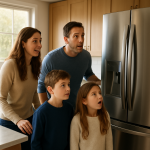 Clean modern refrigerator humming quietly in sunlit kitchen, person listening