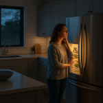 Modern refrigerator humming in clean kitchen while person listens