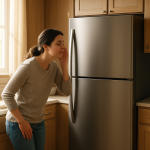 Modern kitchen refrigerator with person pausing to listen quietly