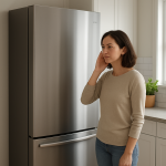 Modern refrigerator in clean kitchen; person pausing to listen nearby