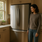 Modern refrigerator in kitchen, person listening nearby with concern.