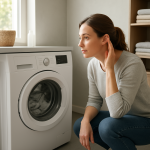 Front-load washing machine in modern laundry room, person pausing nearby