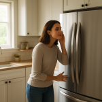 Modern upright freezer in bright kitchen as resident listens nearby