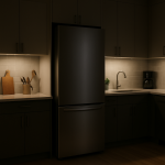 Modern upright freezer in quiet kitchen, soft night lighting.