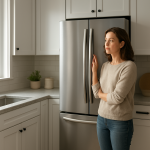 Closed freezer in modern kitchen, homeowner listening nearby