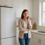 Modern upright freezer in kitchen, person paused listening nearby