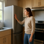 Modern kitchen with upright freezer intermittently humming, person listening