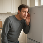 Modern stainless freezer in kitchen, person listening nearby, morning light