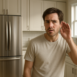 Modern refrigerator in kitchen; person cupping ear nearby, curious.