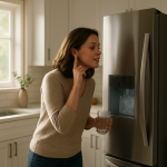 Modern refrigerator in kitchen; person listening to ice maker sounds