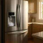 Modern refrigerator dispensing ice in bright, tidy kitchen setting