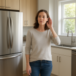 Modern refrigerator in kitchen, person listening attentively nearby