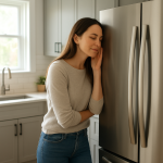 Modern freezer in kitchen with person quietly listening nearby