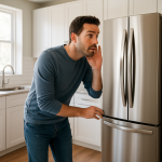 Modern refrigerator running while person listens in quiet kitchen