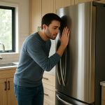 Modern stainless refrigerator in bright kitchen; person listening nearby.