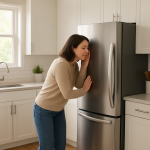 Person listening at freezer's back in clean modern kitchen