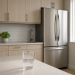 Modern refrigerator in clean kitchen; glass and utensils show faint vibration ripples.