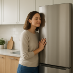 Modern refrigerator in kitchen; person pausing to listen quietly
