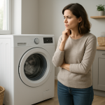 Front-load washing machine in modern laundry, homeowner listening near appliance.