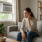 Window air conditioner in living room, person covering ear slightly