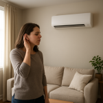 Wall-mounted air conditioner operating quietly while homeowner listens in living room