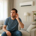 Wall-mounted air conditioner in modern living room, person listening