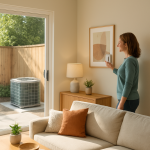 Homeowner adjusts thermostat with outdoor air conditioning unit visible outside.