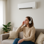 Wall-mounted air conditioner above couch, person pausing to listen