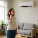 Wall-mounted air conditioner above sofa as person listens attentively
