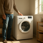 New washing machine gently vibrating in bright modern laundry room.