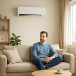 Wall air conditioner in tidy living room, occupant glancing concernedly.