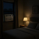 Window air conditioner humming at night in tidy modern bedroom.