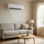 Indoor air conditioner running in quiet modern living room