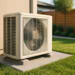 Outdoor air conditioner on pad showing subtle vibration blur in backyard