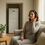 Modern furnace in alcove, resident pausing to listen