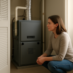 Modern furnace in tidy closet, homeowner standing nearby listening quietly