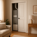 Household hallway with closed furnace closet and soft natural lighting