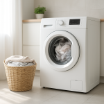 Front-load washing machine vibrating slightly with small laundry basket nearby