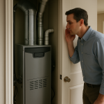 Modern furnace visible in tidy utility closet, homeowner listening nearby.