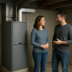 Modern furnace in clean basement with couple pausing conversation nearby