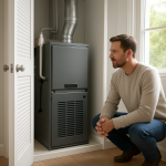Modern furnace in tidy utility closet, homeowner standing listening thoughtfully