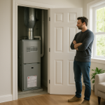 Quiet furnace in tidy closet, resident listening attentively.