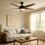 Running ceiling fan above sofa in sunlit modern living room