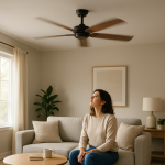 Ceiling fan spinning above a person relaxing on a sofa
