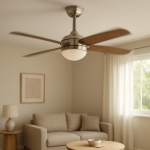 Ceiling fan leaning slightly while spinning in tidy living room